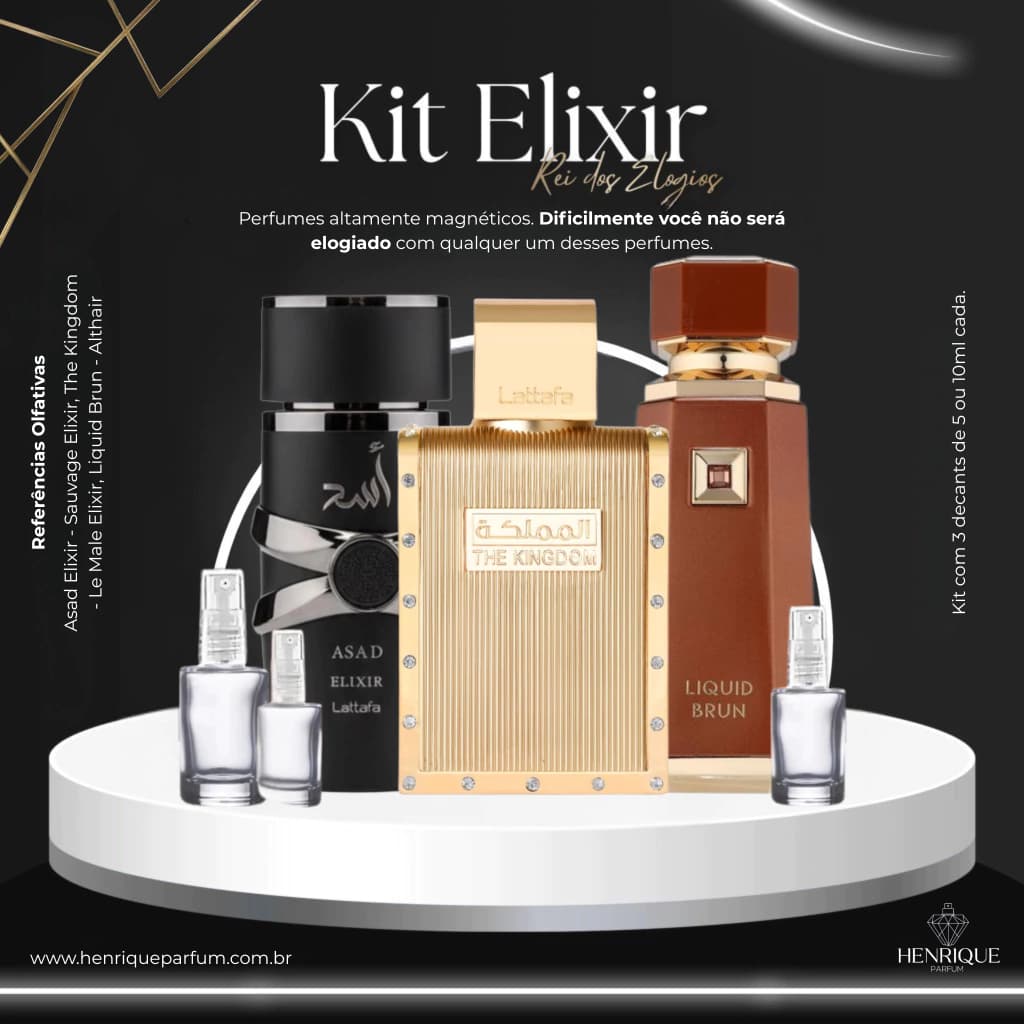 Kit de Decants Masculino Elixir (asad Elixir + The Kingdom + Liquid Brun)
