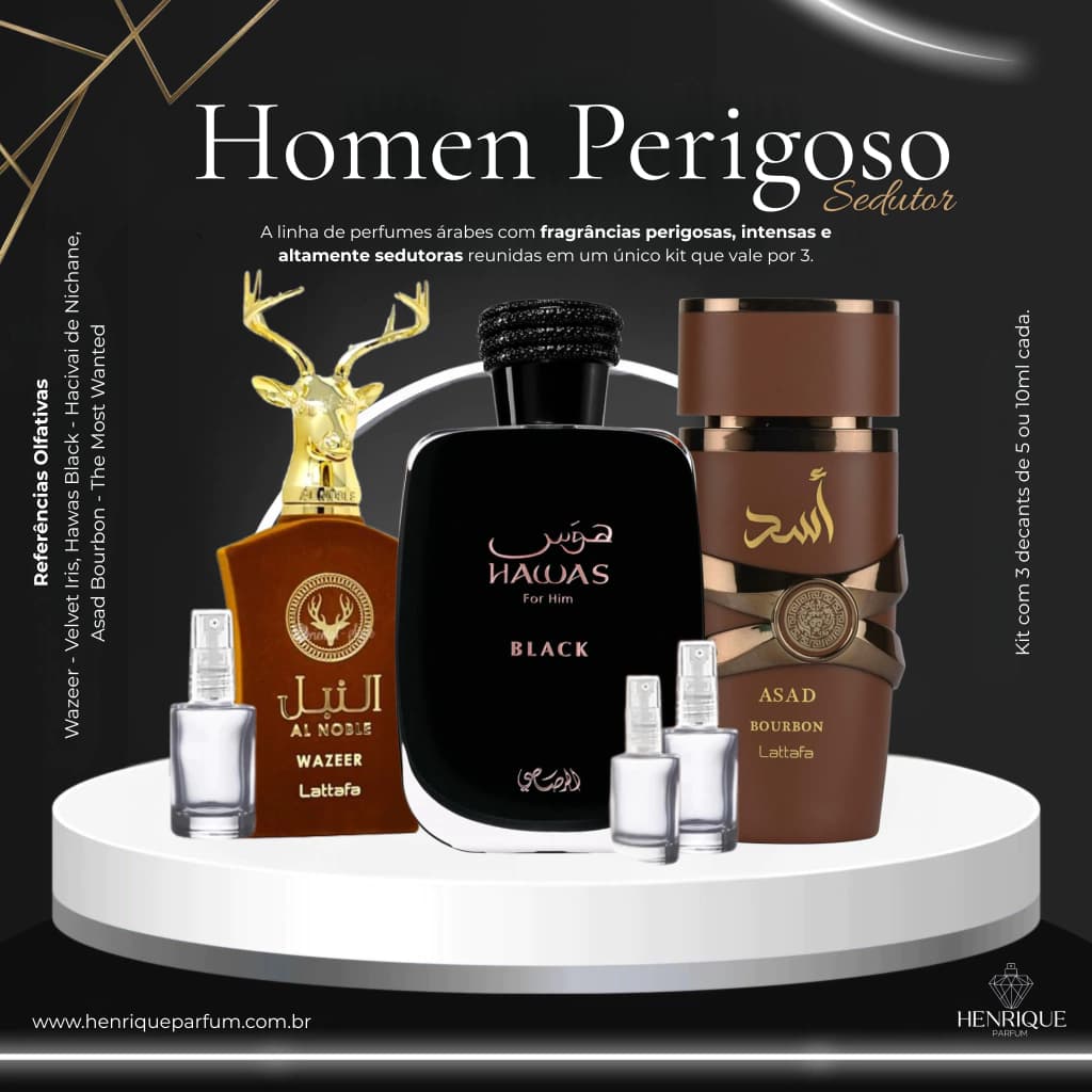 Kit de Decants Masculino Homem Perigoso (hawas Black + Wazeer + Asad Bourbon)